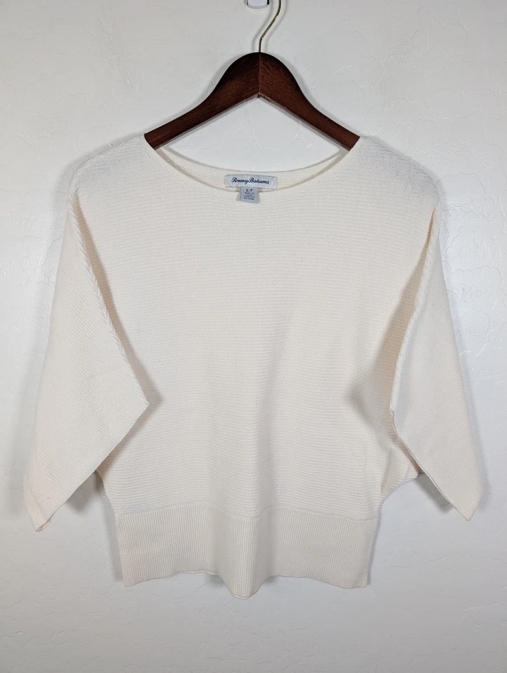 Suéter feminino Tommy Bahama pequeno branco com nervuras pulôver de asa de morcego malha casual top - Imagem 1 de 4