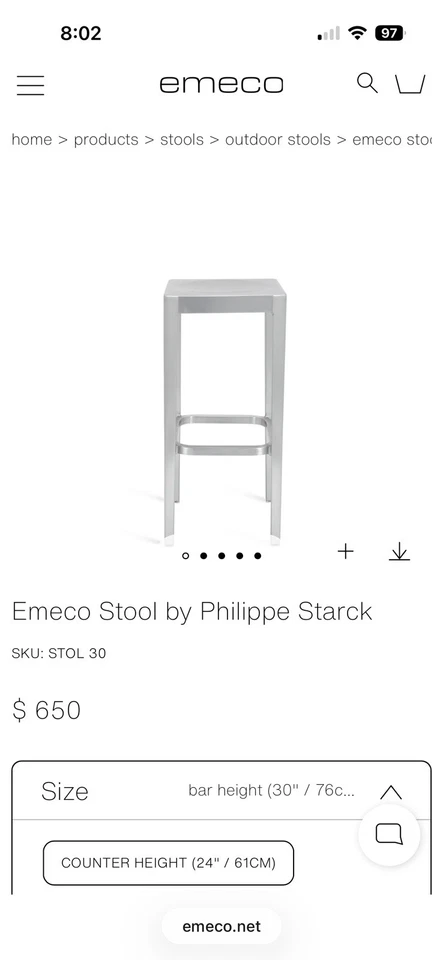 一对 Emeco 台凳拉丝铝,由 Philippe Starck 设计 — 第 1/4 张图片