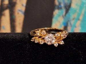 Gold Tone Leaf Ring, Clear Unknown Stones - Picture 1 of 6