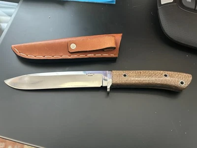 M E MILLER 6+ INCH BLADE, LEATHER SHEATH, MICARTA, NEVER USED - Image 1 of 4