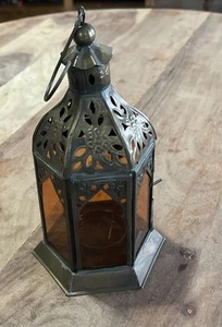 VTG Metal Hexagon Lantern with Orange Glass Candle-Tea Lights-Moroccan - Picture 1 of 6