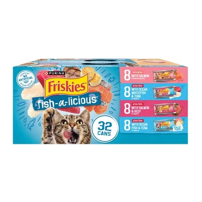 Purina Friskies Fish-A-Licious paquete de variedad, comida húmeda para gatos, latas de 5,5 oz, paquete de 32 Foto 1 de 4