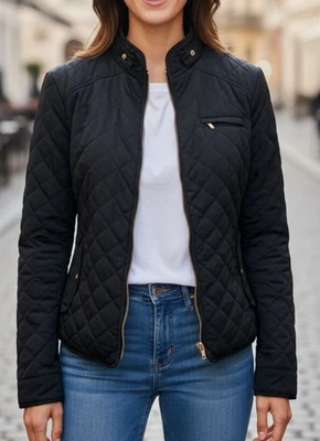 ZARA WOMAN Dark Navy Quilted Jacket L Moto Zip Short Puffer Biker Style Fall - Image 1 of 4