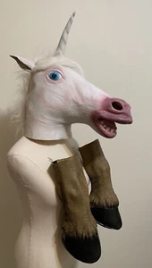 Unicorn Full Mask w/2 Hooves Latex Costume Cosplay Novelty Halloween Adult - Picture 1 of 10