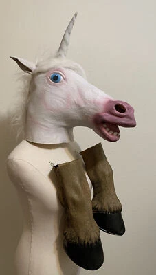 Unicorn Full Mask w/2 Hooves Latex Costume Cosplay Novelty Halloween Adult - Image 1 of 4