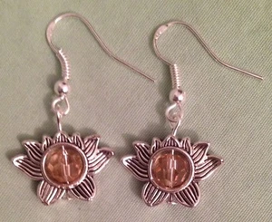 LOTUS FLOWER with PINK CENTER CRYSTAL EARRINGS - with Sterling Silver Ear Wires - Picture 1 of 6