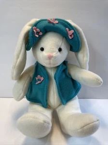 Manhattan Toy Company White Bunny Rabbit Plush Blue Hat Vest Pink Flowers 12” - Picture 1 of 12