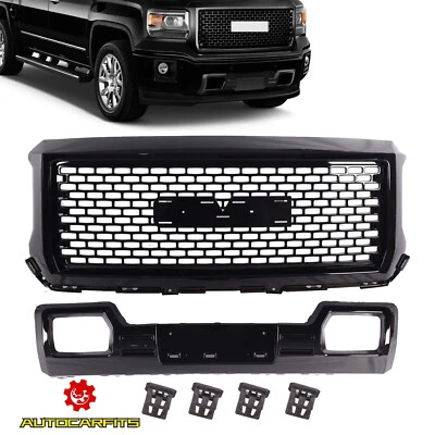 Fit GMC Sierra 1500 2014-2015 Denali Front Bumper Grille/Lower Plate Gloss Black - Image 1 of 4
