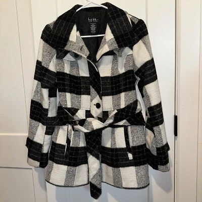 NICOLE MILLER York Women Short Coat Size S Black White Plaid Soft Pile Belt - Image 1 of 4
