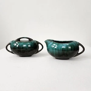 Blue Mountain Pottery Canada Mid Century Mod Rare Cream & Sugar Teal Drip Glaze - Picture 1 of 11