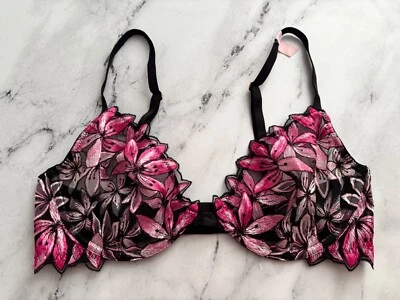 Sujetador Victoria's Secret Muy Sexy Corte Bajo Demi Negro Rosa Floral Sin Forro Apliques Foto 1 de 4