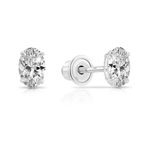 14K Real Solid Gold Solitaire Oval CZ Sleeper Studs Earrings Screw-back 5mm 6mm - Picture 1 of 14