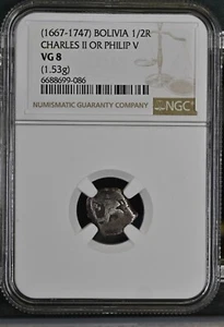 1667-1747 Bolivia 1/2 vero Carlo II o Filippo V NGC grado VG 8 1,53 g - Foto 1 di 2