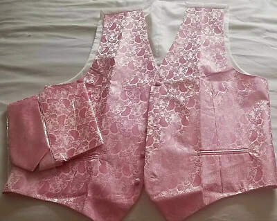TIE & POCKET SQUARE & WAISTCOAT pit2pit 24" - Wedding PINK SATIN PAISLEY - NWT - Image 1 of 4