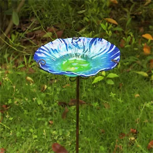 Outdoor Birdbath 31'' High Blue Glass Bird Bath Wild Birdfeeder Bowl Metal Stake - Picture 1 of 12