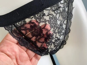 Vintage String Bikini Black Panties NOS Frilly Lace Flutter Hi-cut Size Large 7 - Picture 1 of 7