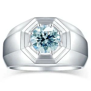 2.11 Ct Vvs1 /Blue Round Moissanite Engagement Men's Ring 925 Silver Size 9.5 - Picture 1 of 3