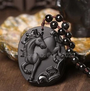 Natural Black Obsidian Hand Carved Zodiac Horse Lucky Pendant + Beads Necklace - Picture 1 of 4