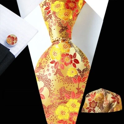 Clásico Floral Naranja Amarillo Jacquard Seda Para Hombre Corbata Corbata Pañuelo Conjunto de Gemelos Foto 1 de 4