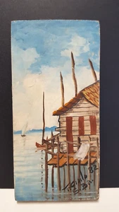 J Cirilo Bahia Signed Oil Painting On Wood Brazil Stilt House Water Boat Vtg '82 - Picture 1 of 14