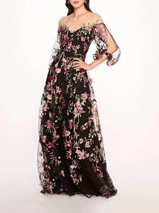 Marchesa Notte Garden Of Eden Gown Dress Size 8  Floral Embroidered Tulle Black - Picture 1 of 12