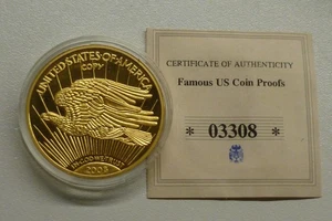Famous US Coin Proofs 1933 $20 Double Eagle Gold Plated Copper dated 2003 40mm - Picture 1 of 4