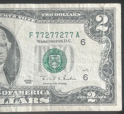 (BINARY RADAR/PALINDROME NOTE!) $2 Binary Radar Fancy Serial Number F77277277A - Image 1 of 3