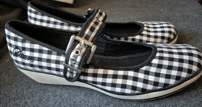 Graceland Keilabsatz Halbschuhe Gr. 40 Neuw. Schwarz Weiss Karriert Stoff - Bild 1 von 4