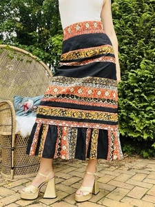 Vintage 1980s Long Skirt High Waist Retro Print Frilly Hem Ankle Length Skirt 12 - Picture 1 of 8