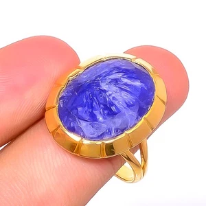Blue Sapphire (Simulated) Antique Design Yellow Gold Plated Ring s.11 R7623-27 - Picture 1 of 4