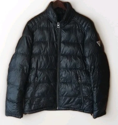  Jaqueta acolchoada GUESS masculina pequena preta com zíper chique reparada LEIA A DESCRIÇÃO - Imagem 1 de 4