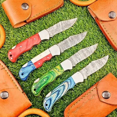 LOT OF 4 PCS! HANDMADE Premium Damascus Pocket Folding Knife BACK LOCK, TN-9014 - Image 1 of 4