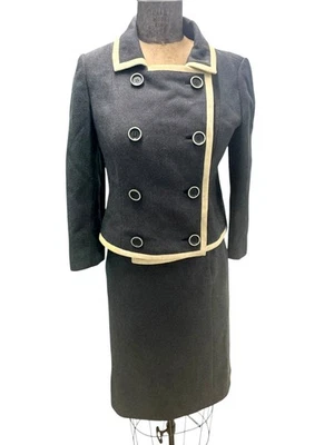Vintage 196Os Jack Feit Grey W/ Cream Trim 2 Piece Skirt Suit Sz 8 Small - Image 1 of 4