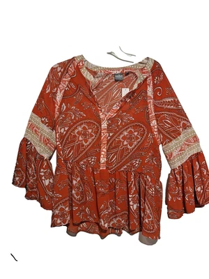 NUEVO CON ETIQUETAS NY & Co SOHO Jeans Naranja Paisley Blusa Talla M Manga 3/4 Volantes Semi Transparente Foto 1 de 4