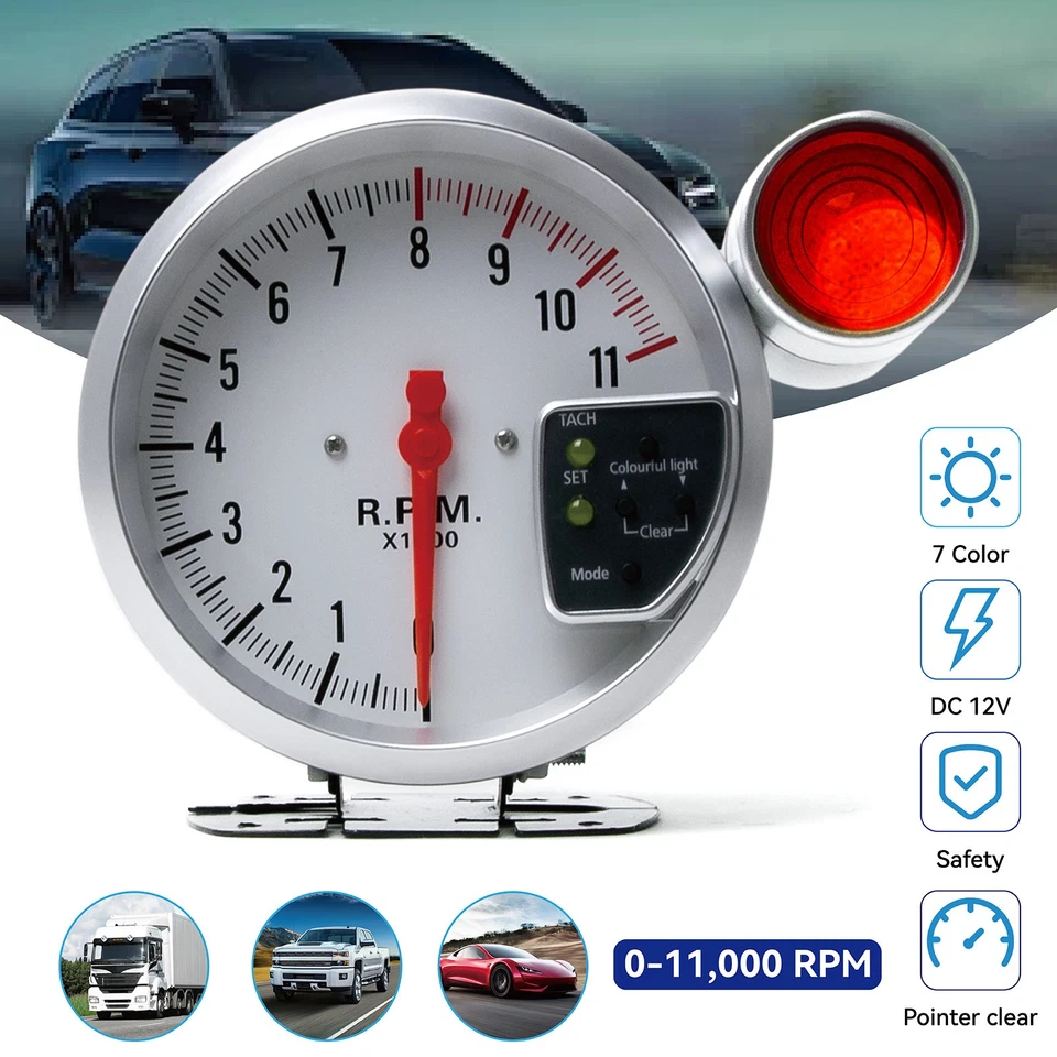 1Pcs Car Meter Tachometer Gauges 0-11000RPM Analogs White Case 7 Color LED Light - Image 1 of 4