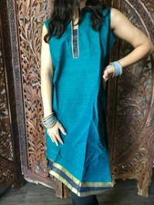 Blue Cotton Sleeveless Ethnic Tunic Solid Bohemian Gypsy Hippy Chic Kurti ML