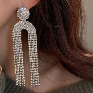 Tassels Bling Rhinestone Earrings Fringe Dangle Dramatic Club Holiday Party - Picture 1 of 2
