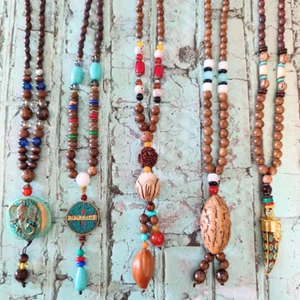 Boho Wooden Beaded Long Necklaces Ethnic Hippie Wood Beads Pendant For Women - Picture 1 of 21