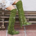 Women Round Toe Suede Tassel Knee High Boots Buckle Strap Winter Shoes Boho