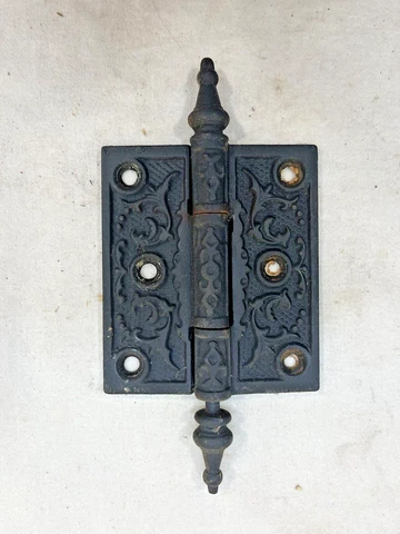 1890's Antique DOOR HINGES 3" x 3 1/2" Steeple Top VICTORIAN Style Black ORNATE Cover