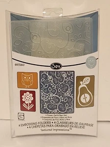 Sizzix Basic Grey 4 Embossing Folders Owl-Flowers-Pear Set-Leaves Swirl #657260 - Picture 1 of 7