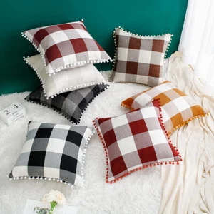 2x Buffalo Check Pillow Covers Plaid Linen Plain Cushion Cover w/ Pompom 18"x18" - Picture 1 of 13