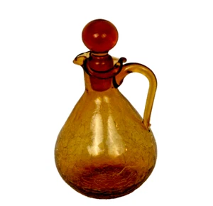 1960s Vintage Crackle Glass Amber Brown Cruet Decanter Ball Glass Stopper MCM - Picture 1 of 7