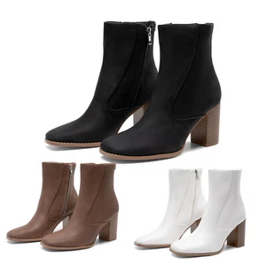 Women's Black Mid-Calf Leather Block Heel Boots Round-Toe Zip-Up Ankle Boots - Picture 1 of 23