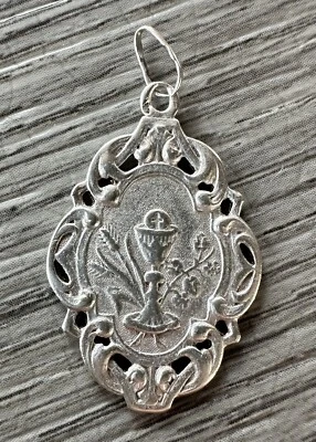 Medaille religieuse ancienne " Calice " - Argent Massif - Photo 1/2