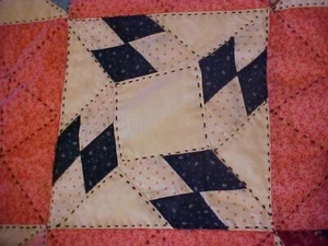 Vintage 1920/30s QUILT, LOTSA PATTERNED PINK RED w/ BLACK EMBROIDERY - Picture 1 of 8