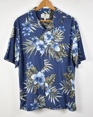 Camisa ISLAND SHORES Lavable Seda Azul Hawaiano Hibisco Estampado Floral L Foto 1 de 4