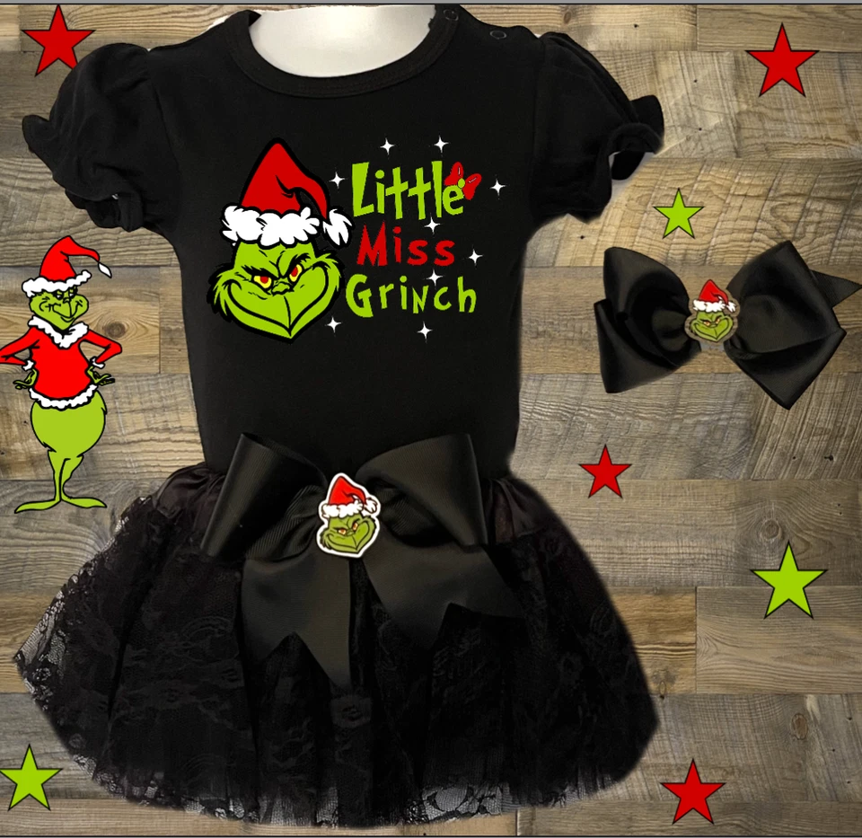 Completo tutù natalizio bambina LITTLE MISS GRINCH | tutù e fiocco nero pezzo unico - Immagine 1 di 1