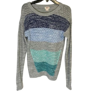 Mossimo Supply Co Womens Small Sweater Gray Blue Mint Striped Open Knit Pullover - Image 1 of 4