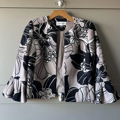 Blazer Calvin Klein Mujer 2P Negro Beige Floral Frente Abierto Manga Campana Foto 1 de 4